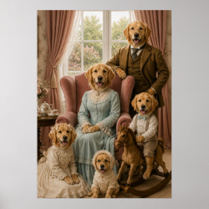 Victorian Golden Retriever Family Portrait Elega Poster