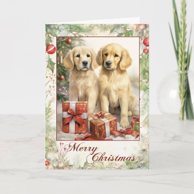 Victorian Golden Retriever Puppy Christmas Holiday Card (Front)