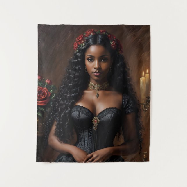 Victorian Goth Black Woman With Red Roses Tapestry (Front)