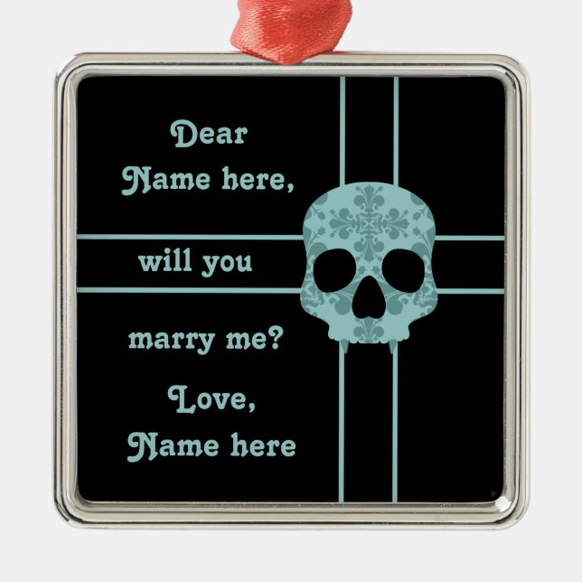 Victorian goth damask skull marriage proposal metal ornament (Front)