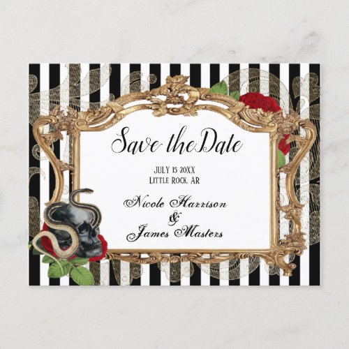 Victorian Gothic Black Stripe Save the Date Announcement Postcard