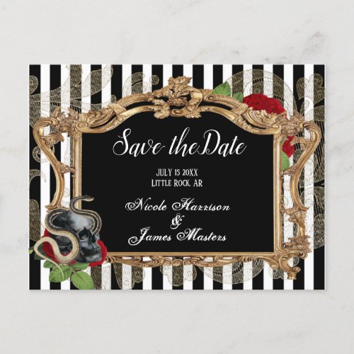 Victorian Gothic Black Stripe Save the Date Announcement Postcard