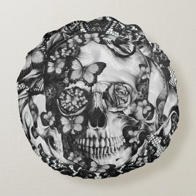Victorian gothic, butterfly lace skull round pillow (Back)