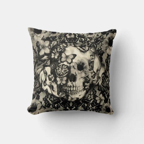 Victorian Gothic floral lace skull Throw Pillow