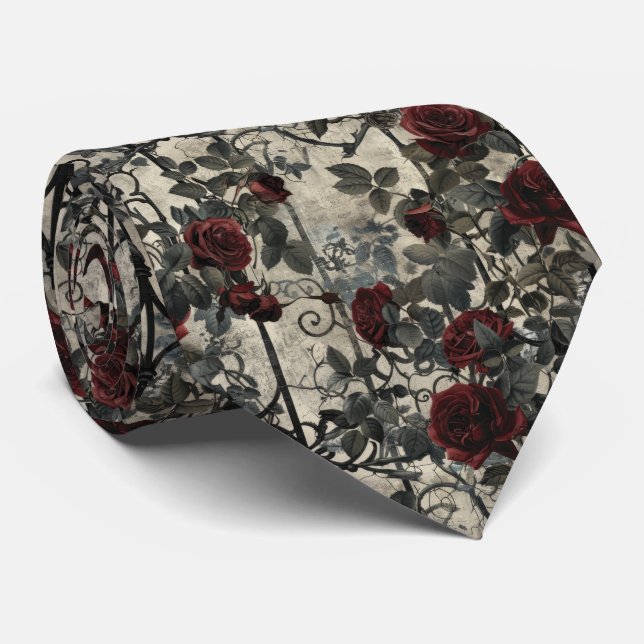 Victorian Gothic Garden Roses Pattern Neck Tie (Rolled)