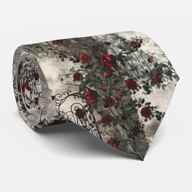 Victorian Gothic Garden Roses Pattern Neck Tie (Rolled)