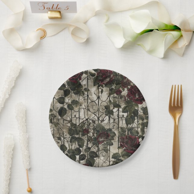 Victorian Gothic Garden Roses Pattern Paper Plates (Wedding)