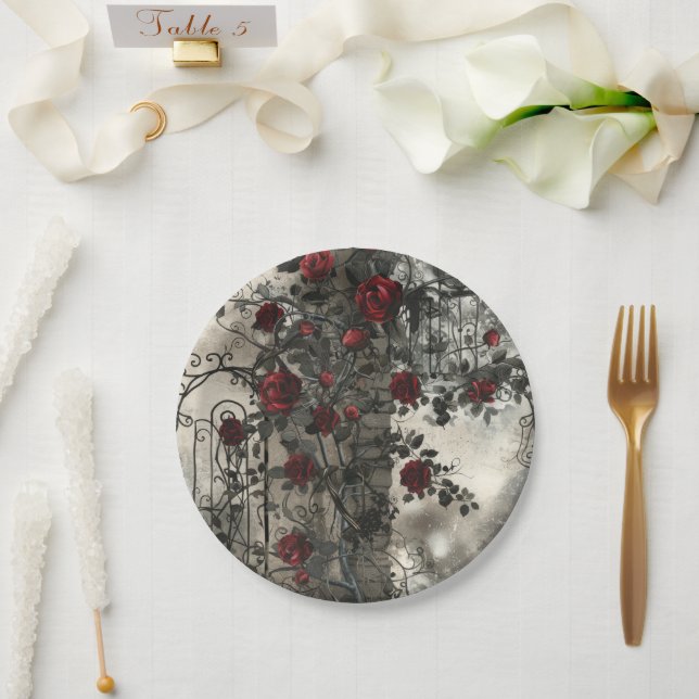 Victorian Gothic Garden Roses Pattern Paper Plates (Wedding)