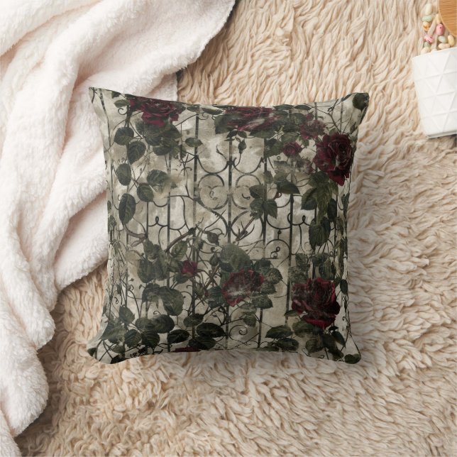 Victorian Gothic Garden Roses Pattern Throw Pillow (Blanket)
