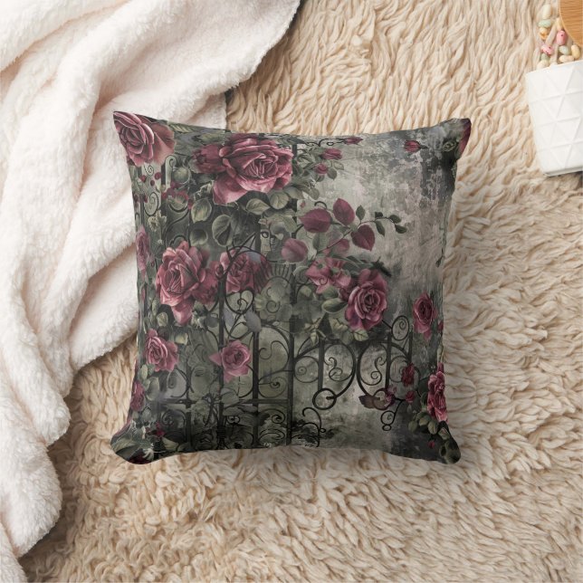 Victorian Gothic Garden Roses Pattern Throw Pillow (Blanket)