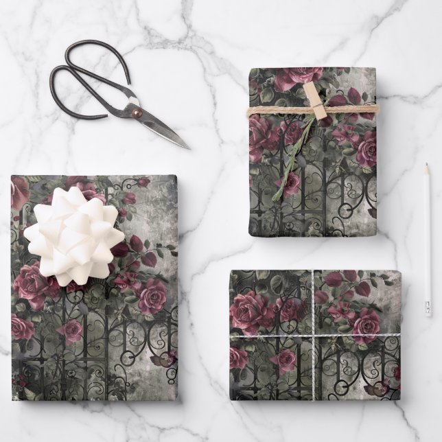 Victorian Gothic Garden Roses Pattern Wrapping Paper Sheets (Front)