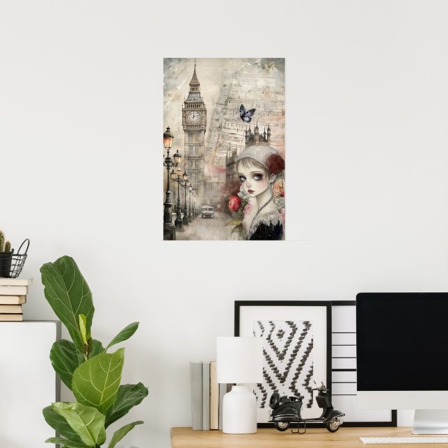 Victorian Gothic Girl & Florals London Street Poster (Home Office)