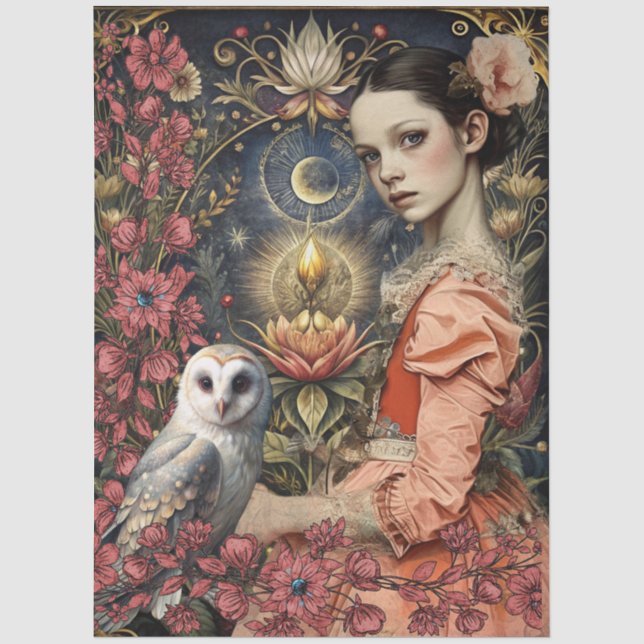 Victorian Gothic Girl White Owl Floral Collage Tissue Paper (Front)