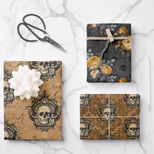 Victorian Gothic Glam Skull and Damask Wrapping Paper Sheets