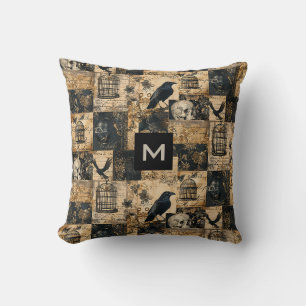 Victorian Gothic Halloween Monogrammed Patchwork Throw Pillow