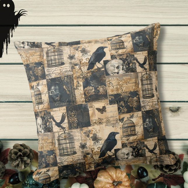 Victorian Gothic Halloween Patchwork  Throw Pillow (victorial gothic patchwork throw pillow with raven birds, skulls, birdcages and script typography)