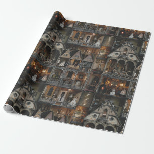 Victorian Gothic Haunted Dollshouse with Dolls in Wrapping Paper