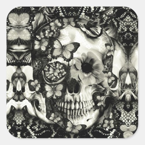 Victorian gothic lace skull pattern square sticker