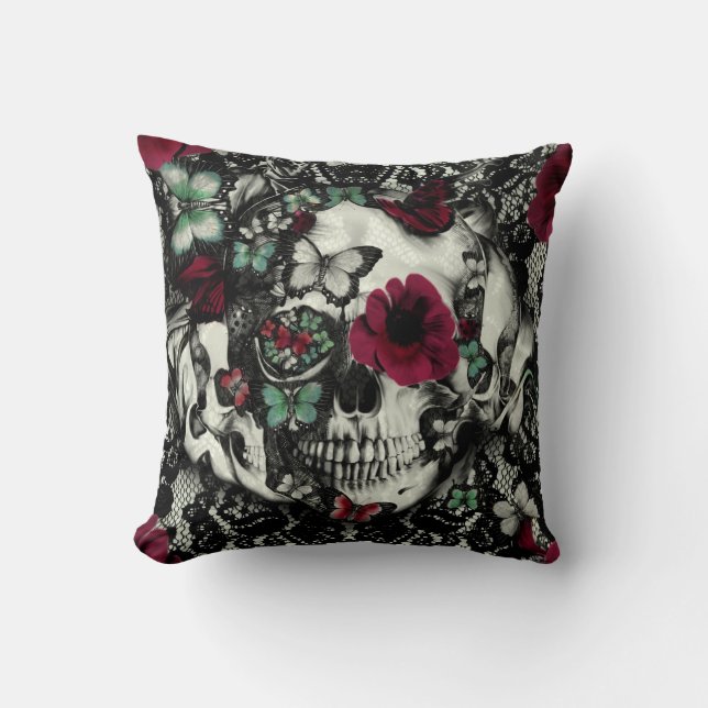 Victorian Gothic lace skull with butterflies Throw Pillow (Front)