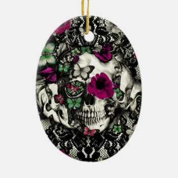 Victorian Gothic Lace Skull With Pink Accents Ceramic Ornament by KPattersonDesign at Zazzle