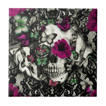 Victorian Gothic Lace Skull With Pink Accents Ceramic Tile by KPattersonDesign at Zazzle