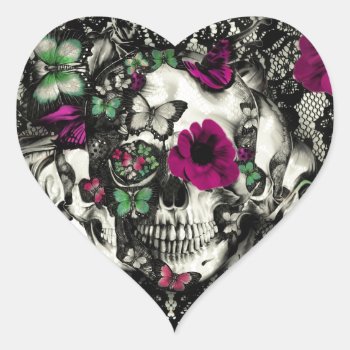 Victorian Gothic Lace Skull With Pink Accents Heart Sticker by KPattersonDesign at Zazzle