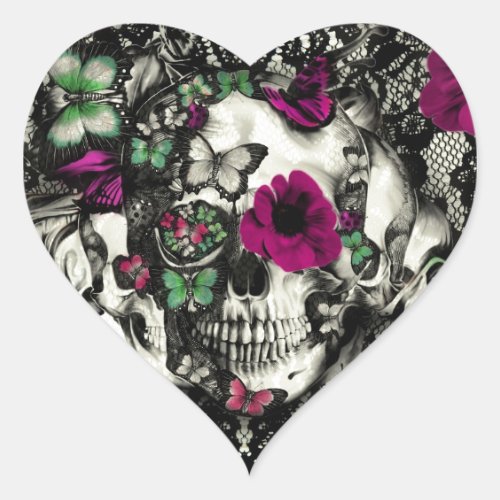 Victorian gothic lace skull with pink accents heart sticker