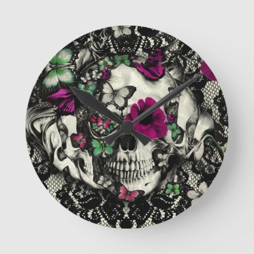 Victorian gothic lace skull with pink accents round clock