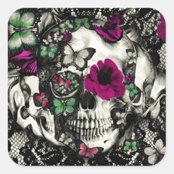 Victorian Gothic Lace Skull With Pink Accents Square Sticker by KPattersonDesign at Zazzle