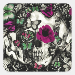 Victorian gothic lace skull with pink accents square sticker