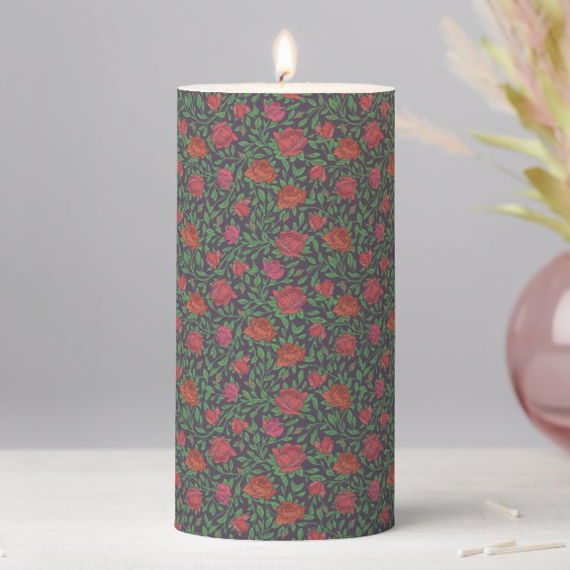 Victorian Gothic Perfect Red & Fuchsia Roses Pillar Candle (In Situ)