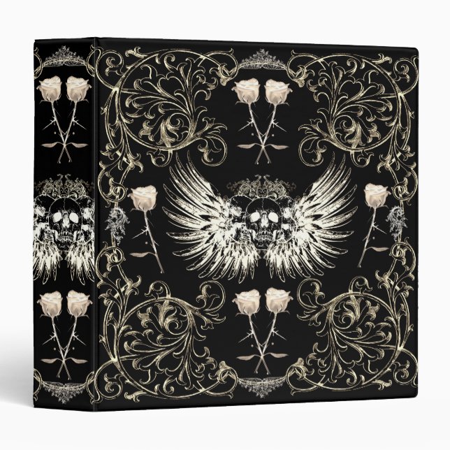 Victorian Gothic Romance Skull Wings & White Roses 3 Ring Binder (Front/Spine)