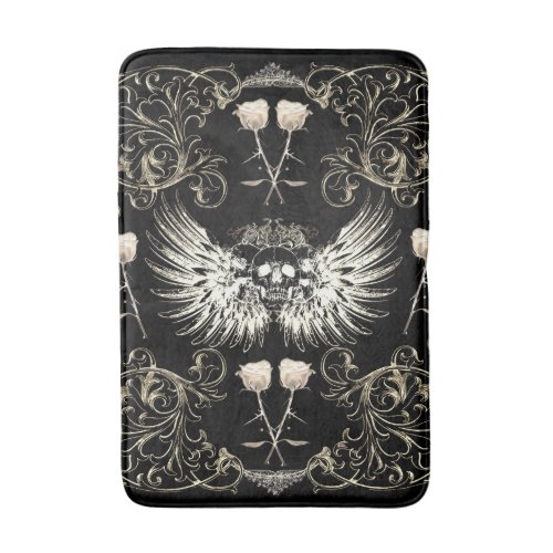 Victorian Gothic Romance Skull Wings  White Roses Bath Mat