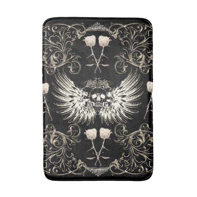 Victorian Gothic Romance Skull Wings & White Roses Bath Mat (Front Vertical)