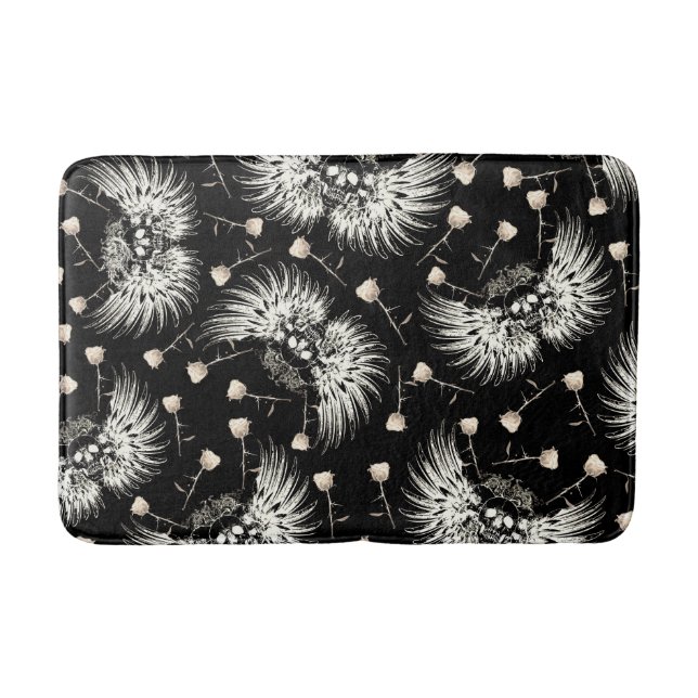 Victorian Gothic Romance Skull Wings & White Roses Bath Mat (Front)