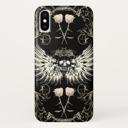 Victorian Gothic Romance Skull Wings  White Roses iPhone XS Case