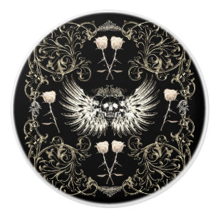 Victorian Gothic Romance Skull Wings & White Roses Ceramic Knob