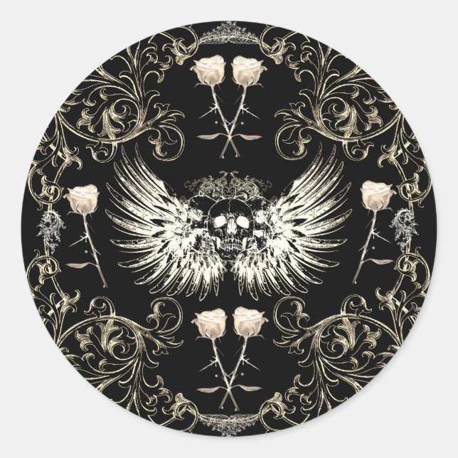 Victorian Gothic Romance Skull Wings & White Roses Classic Round Sticker (Front)