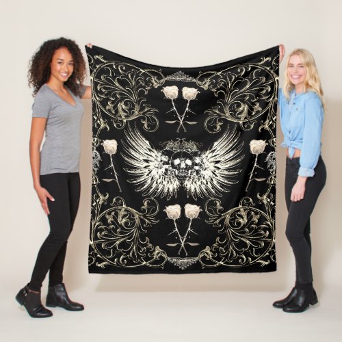 Victorian Gothic Romance Skull Wings  White Roses Fleece Blanket