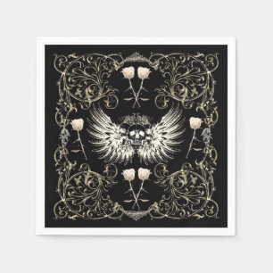 Victorian Gothic Romance Skull Wings & White Roses Napkins