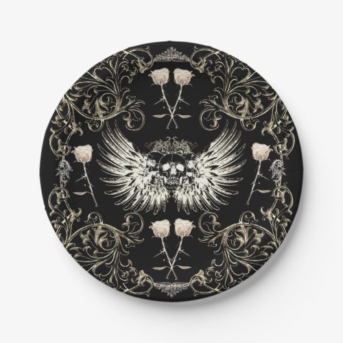 Victorian Gothic Romance Skull Wings  White Roses Paper Plates