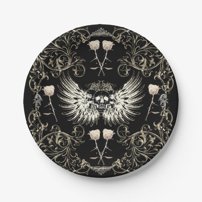 Victorian Gothic Romance Skull Wings & White Roses Paper Plates (Front)