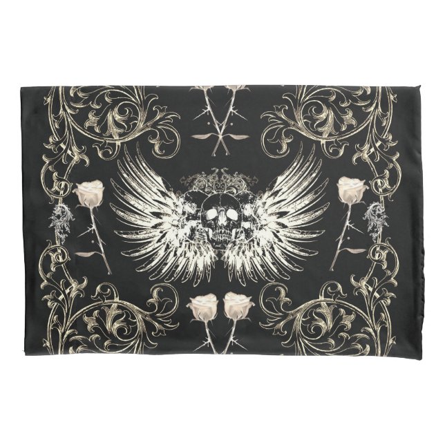 Victorian Gothic Romance Skull Wings & White Roses Pillow Case (Front)