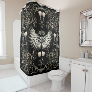 Victorian Gothic Romance Skull Wings & White Roses Shower Curtain