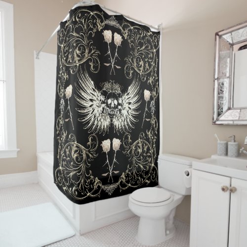 Victorian Gothic Romance Skull Wings  White Roses Shower Curtain