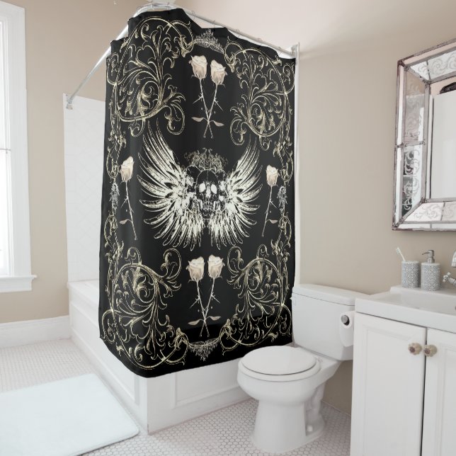 Victorian Gothic Romance Skull Wings & White Roses Shower Curtain (In Situ)