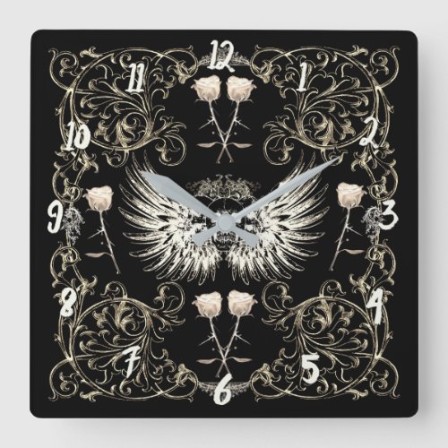 Victorian Gothic Romance Skull Wings  White Roses Square Wall Clock