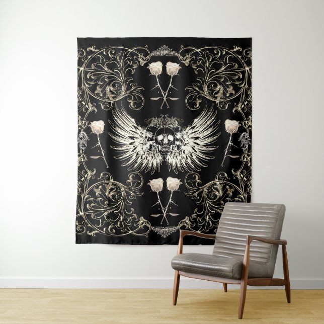 Victorian Gothic Romance Skull Wings & White Roses Tapestry (In Situ)