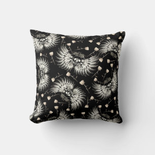 Victorian Gothic Romance Skull Wings & White Roses Throw Pillow