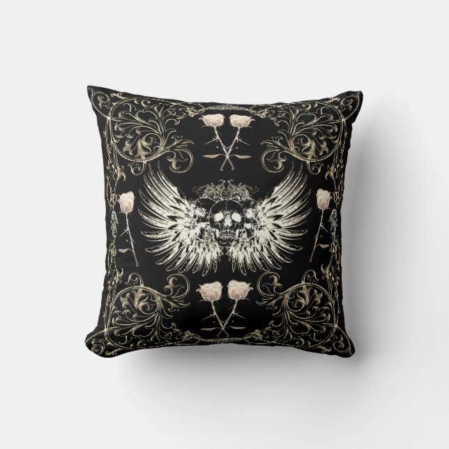 Victorian Gothic Romance Skull Wings & White Roses Throw Pillow (Front)